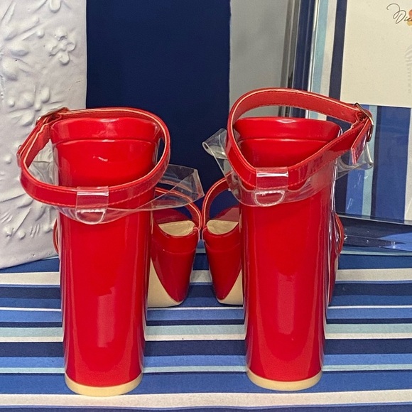 Red patent chunky platform ankle strap high heel sandals Mackin J sz 10 - Picture 6 of 11